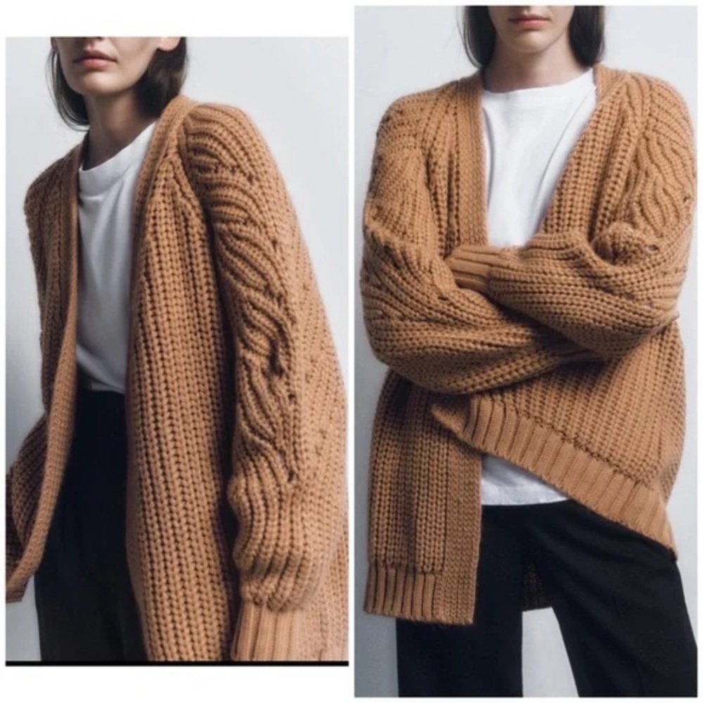 Zara Long Chunky Knit Cardigan in Camel Brown